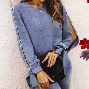 SHEIN NEW SWISS DOT SPLIT SLEEVE KNOT CUFF BLOUSE TOP POWDER BLUE PEARLS LARGE